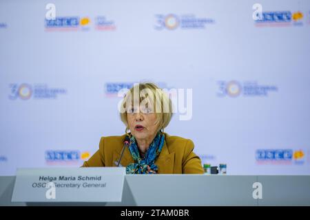 Conclusion of OSCE's 30th Ministerial Council Meeting: OSCE Secretary General Helga Maria Shmid (in picture),  Chairman Bujar Osmani (not in picture) and incoming Malta chairman Ion Borg (not in picture), held a joint press conference at Boris Trajkovski Sports Centre in Skopje, North Macedonia, on Friday, Dec 1, 2023. (VX Photo/ Vudi Xhymshiti) Stock Photo