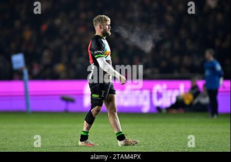 Twickenham, Royaume-Uni. 01 décembre 2023. Premier championnat Rugby. Harlequins V sale Sharks. Le Stoop. Twickenham. Tyrone Green (Harlequins) lors du match de rugby Harlequins V sale Sharks Gallagher Premiership. Crédit : Sport in Pictures/Alamy Live News Banque D'Images