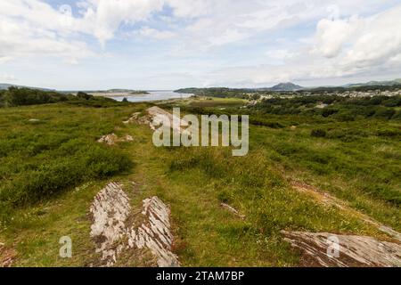 Vue de Gwaith Powdwr North Wales Wildlife Trust nature Reserve vers la marée afon ou la rivière Drywyd et Penrhyndeudraeth, Eryri ou Snowdonia nati Banque D'Images