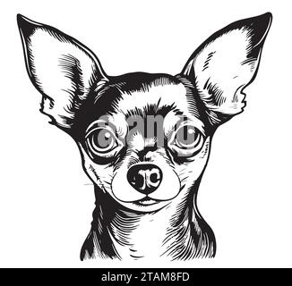 Vector isolé une seule assise Chihuahua Toy terrier tête de chien vue avant noir et blanc deux couleurs silhouette. Modèle pour gravure laser ou pochoir, impression pour t-shirt Illustration de Vecteur