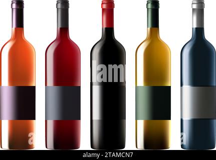 ensemble de bouteilles de vin 3d, collection de rendu vectoriel collection d'icônes d'étiquette de cave isolée Illustration de Vecteur