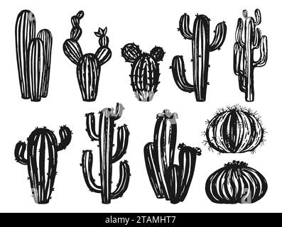 Jeu de timbres d'encre de plantes de cactus. Collection succulente silhouette exotique tendance isolée. Scrapbook gravure de cactus botaniques du désert. Illustration vectorielle de conception de gravure de forme de peinture grungy occidentale Illustration de Vecteur