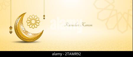 design de bannière golden réaliste ramadan kareem avec lune et lanterne. arrière-plan islamique Illustration de Vecteur