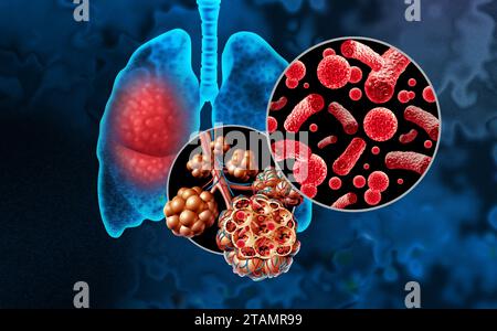 Pneumonie bactérienne ou pneumonie dans les poumons et les alvéoles pulmonaires avec le liquide ou le diagramme d'anatomie d'inflammation d'alvéole comme concept médical d'un poumon Banque D'Images