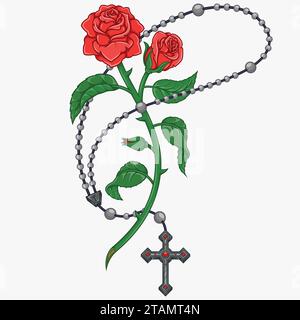 Chapelet catholique de conception vectorielle avec des roses et des pétales, symbole de la religion catholique Illustration de Vecteur