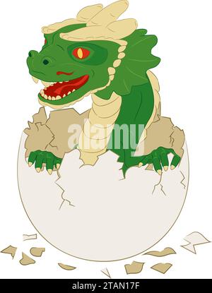 Dragon en bois vert éclos avec des pattes dans l'œuf. Illustration vectorielle d'un petit dragon en bois éclos d'un œuf. Bébé dragon dans un œuf avec des pattes Illustration de Vecteur