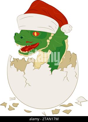 Dragon en bois vert nouveau-né portant le chapeau du Père Noël dans l'œuf. Illustration vectorielle d'un petit dragon en bois éclos d'un œuf dans le chapeau de Noël. Illustration de Vecteur