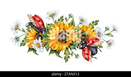 Illustration à l'aquarelle d'une couronne de tournesols jaunes, marguerites blanches et coccinelles rouges. Festival de la récolte. La frontière est isolée. Compositions pour p Banque D'Images