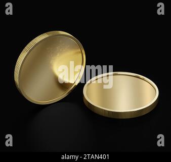 Deux pièces d'or, modèle de maquette, concept bancaire, crypto-monnaie, rendu 3d isolé sur fond noir. Banque D'Images