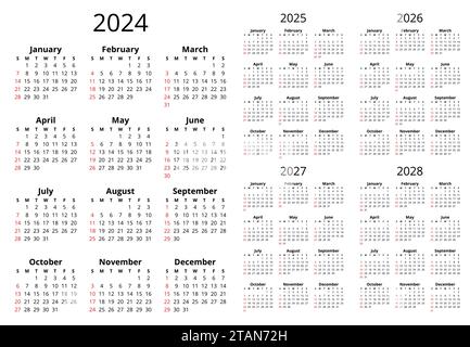 calendriers anglais verticaux 2024, 2025, 2026, 2027, 2028. Illustration vectorielle imprimable simple. Planifiez votre année avec le style calendrier Illustration de Vecteur