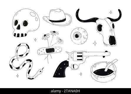 Ensemble de doodles Wild West. Illustration de Vecteur