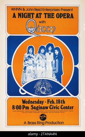 Queen feat Freddie Mercury et Brian May - A Night at the Opera - Saginaw Civic Center, Michigan concert Poster (Brass Ring Productions, 1976) Banque D'Images