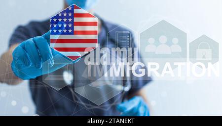 Concept de l'immigration aux États-Unis avec bouton virtuel d'appui Banque D'Images