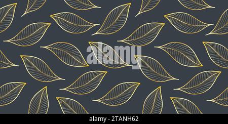 Leaf Seamless Pattern Design en couleur dorée sur un fond de couleur sombre très énergique, exotique et vibrant. Illustration de Vecteur