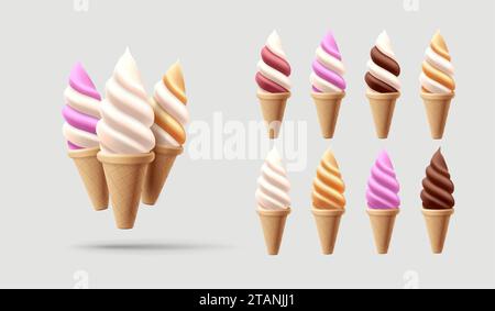 Crème glacée molle réaliste dans un ensemble de cônes gaufrés. Crème glacée molle, vecteur 3d american sundae tourbillon en trois saveurs, chocolat, vanille et baies, iso Illustration de Vecteur