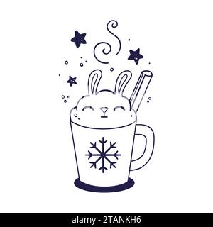 Boisson de Noël décorée comme un lapin à la crème fouettée avec un bâton de cannelle. Boisson chaude d'hiver dans le style grill. Lièvre milkshake dessiné à la main. Dessiné à la main l Illustration de Vecteur