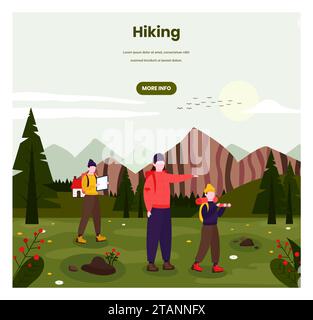 Modèle de bannière Web de vecteur de randonnée. Personnages de famille de touristes avec des sacs à dos faisant de la randonnée, illustration de conception de style plat rétro. Trekking, été Illustration de Vecteur