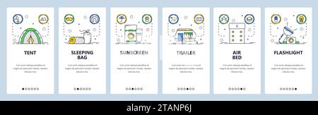 Modèle vectoriel d'écrans d'intégration de site Web d'équipement de camping et d'application mobile Illustration de Vecteur
