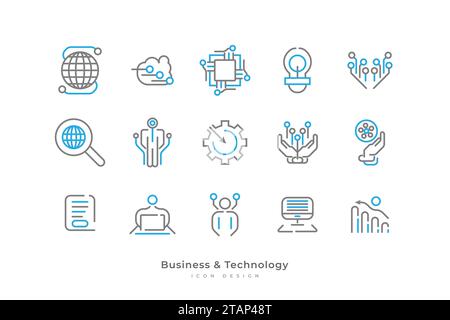 Ensemble d'icônes d'affaires et de technologie avec style de ligne simple. Contient ordinateur, connexion, données Cloud, Microchip et plus encore Illustration de Vecteur