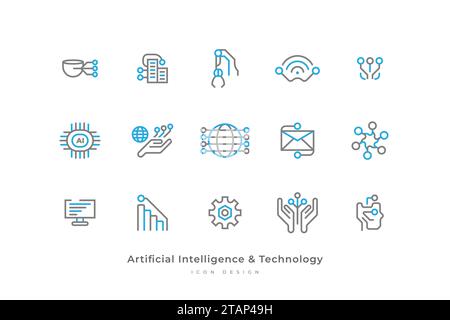 Ensemble d'icônes d'intelligence artificielle et de technologie avec style de ligne simple. Contient ordinateur, connexion, réseau, données, carte de circuit imprimé et plus encore Illustration de Vecteur