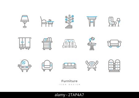 Ensemble d'icônes de meubles avec style de ligne simple. Contient lampe, chaise, table, placard, armoire, bibliothèque, lit, miroir et plus encore Illustration de Vecteur