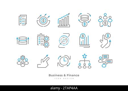 Ensemble d'icônes d'affaires et de finances avec style de ligne simple. Contient les gens d'affaires, les objectifs, les ressources humaines, la communication, la structure de l'équipe et plus encore Illustration de Vecteur