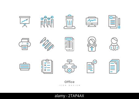 Ensemble d'icônes de bureau avec style de ligne simple. Contient papeterie, document, ordinateur, imprimante, Homme, femmes, mallette et plus encore Illustration de Vecteur