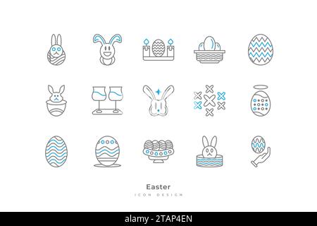 Jeu d'icônes d'élément de Pâques. Contient des œufs, du lapin et plus encore Illustration de Vecteur