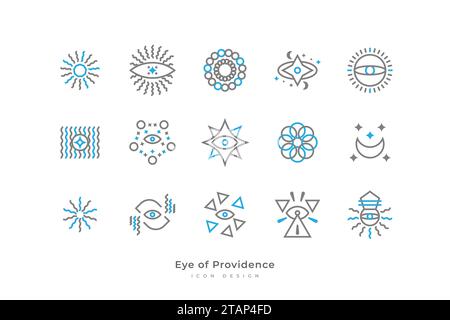 Icône Eye of Providence avec des éléments astronomiques dans le style simple Line. Tous les symboles Seeing Eye. Occulte et signe mystique, peut être utilisé pour le tatouage Illustration de Vecteur