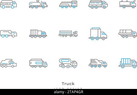 Icône de camion définie avec différentes formes dans style de ligne. Contient camion-citerne, fourgonnette, remorque et plus encore Illustration de Vecteur