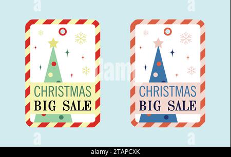 Vente de Noël autocollants géométriques dans un style vintage avec un arbre de Noël, des flocons de neige et un cadre de canne à sucre Illustration de Vecteur