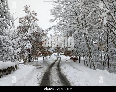 Garham, Bavière, Allemagne. 2 décembre 2023. Après que la route a été dégagée par un tracteur, elle est devenue praticable pour les voitures. Dans la nuit du 2 décembre 2023, de fortes chutes de neige ont frappé la Bavière ; plus de 15 à 25 cm de neige sont tombés en une journée. Les mêmes chutes de neige sont attendues dans les prochains jours. En raison de la grande quantité de neige qui est tombée, il y a eu des coupures de courant tout au long de la journée. Les autorités bavaroises mettent en garde contre les dangers des chutes de neige sur les routes. (Image de crédit : © Igor Golovniov/SOPA Images via ZUMA Press Wire) USAGE ÉDITORIAL SEULEMENT! Non destiné à UN USAGE commercial ! Banque D'Images