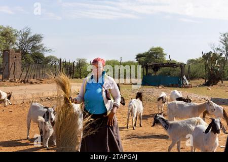 femme africaine de village debout dans la cour avec les chèvres dans une journée ensoleillée Banque D'Images