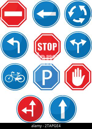 Collection de panneaux de signalisation. rouge, bleu, vert et jaune avertissement, prioritaire, interdit, obligatoire... jeu de chants de route. illustration d'image vectorielle Illustration de Vecteur