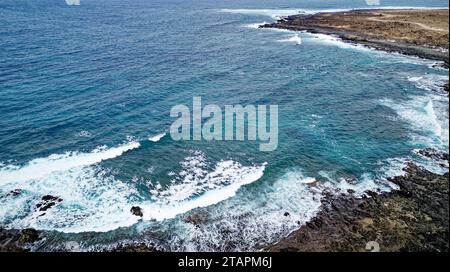 Vue aérienne de Playa del Mejillon ou Playa del Bajo de la Burra, appelée Popcorn Beach - Espagne, îles Canaries, Fuerteventura. 24.09.2023 Banque D'Images