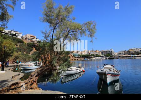 Petits bateaux amarrés au lac Voulismeni à Saint Nicolas, Crète, Europe. Banque D'Images