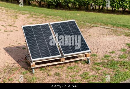 Panneaux photovoltaïques sur la palette en bois dans le jardin de la maison. Concept d'énergie verte. Banque D'Images