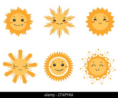 Ensemble de soleil mignon avec des émotions. illustration vectorielle pour enfants. Icônes du soleil. Illustration de Vecteur