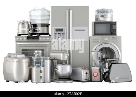 Ensemble d'appareils de cuisine, couleur argentée. Grille-pain, bouilloire, mélangeur, cuisinière à gaz, machine à laver, mixeur, machine à yaourts, cuiseur vapeur, presse-agrumes, réfrigérateur, micro Banque D'Images