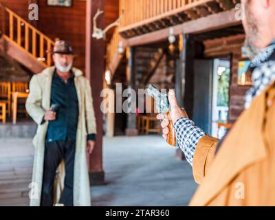 Almeria, Espagne- décembre 28 2022 : superbe vue de la scène de cow-boy dans le style occidental pour les films, mini hollywood au milieu du désert, à Tabernas Banque D'Images