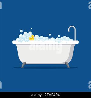 Baignoire avec bulles de mousse à l'intérieur et canard en caoutchouc jaune de bain isolé sur fond bleu. Heure du bain dans l'illustration vectorielle de style plat Illustration de Vecteur