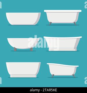 Baignoires blanches de style et de forme différents ensemble isolé sur fond bleu illustration vectorielle. Illustration de Vecteur
