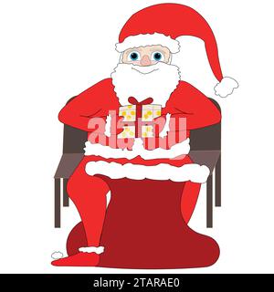 Personnage du Père Noël de Noël assis sur un banc offrant un cadeau ; carte de Noël avec Père Noël pour sacs-cadeaux ; dépliant de vente ; étiquette; Illustration de Vecteur
