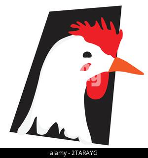 Logo de tête de poulet rétro ; tête de poulet blanche avec peigne rouge et wattles Illustration de Vecteur