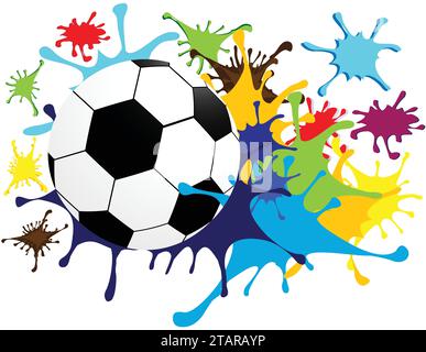 Ballon de football avec éclaboussure colorée dispersée ; logo ludique pour les clubs de sport pour enfants ; conception de peinture éclaboussant la balle; Illustration de Vecteur