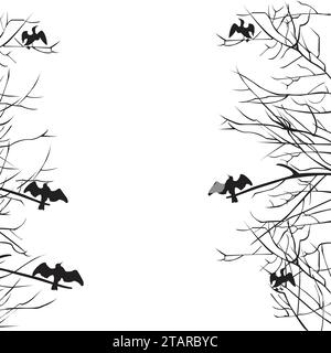 Oiseaux Cormorans assis sur une branche avec des ailes ouvertes ; Silhouette d'oiseaux Cormorans qui sèche ses ailes dans les arbres Illustration de Vecteur