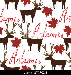 Motif sans couture avec les mots STAGS and Leaves ; Artemis Word, Brown STAG et Maple Leaves sur fond blanc; Illustration de Vecteur