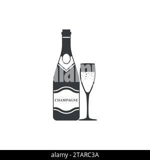 Bouteille de champagne et vecteur d'icône de verre de champagne isolé sur fond blanc. Bouteille de champagne vin de célébration de l'alcool. Verre doré de vacances nouvel an Illustration de Vecteur