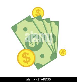Icône de trésorerie, dollars verts et pièce isolée sur fond blanc. Illustration de vecteur d'argent. Illustration de Vecteur
