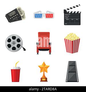 Icônes de cinéma définies dans le style plat sur fond blanc. Pour louer et regarder des films dans les éléments décoratifs de cinéma. Accessoires cinémas. Film et film Illustration de Vecteur